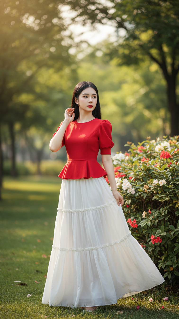 Chân dung thực tế của cô gái trẻ tự tin và thanh lịch trong công viên xanh tươi