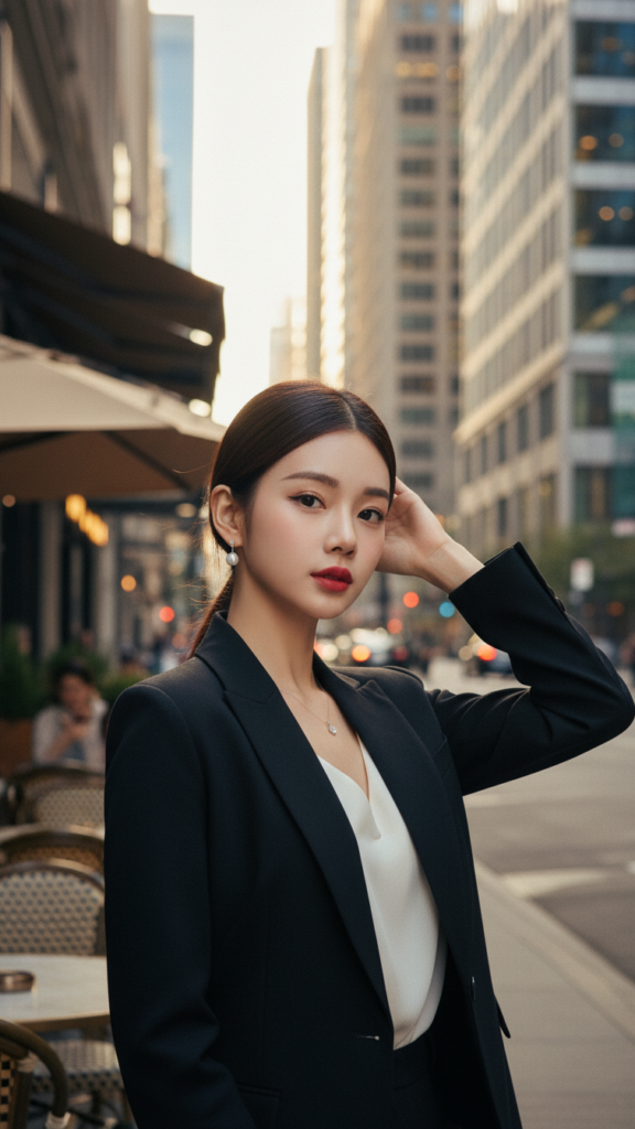 Chân dung thanh lịch của cô gái trẻ trong phố phường sang trọng