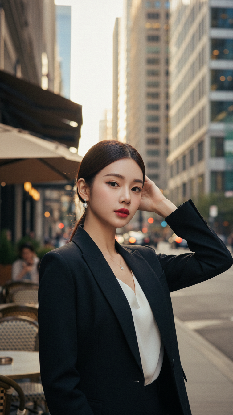 Chân dung thanh lịch của cô gái trẻ trong phố phường sang trọng