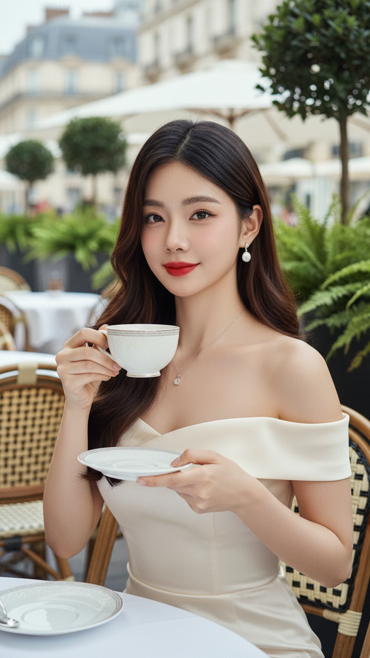 Chân dung nữ thanh lịch trong không gian quán cà phê sang trọng