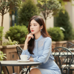 Tạo chân dung thực tế của cô gái trẻ thanh lịch và tự tin tại quán cà phê ngoài trời
