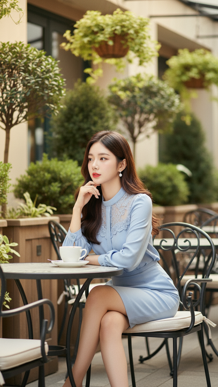 Tạo chân dung thực tế của cô gái trẻ thanh lịch và tự tin tại quán cà phê ngoài trời