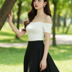 Chân dung thực tế của cô gái trẻ với phong cách thời trang tinh tế và nền thiên nhiên tuyệt đẹp