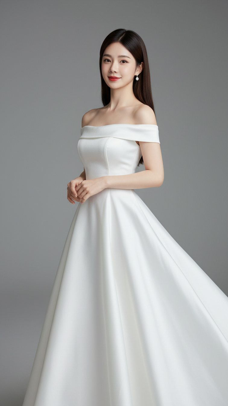 Chân dung người mẫu thanh lịch với nụ cười tự tin và trang phục trắng tinh khôi