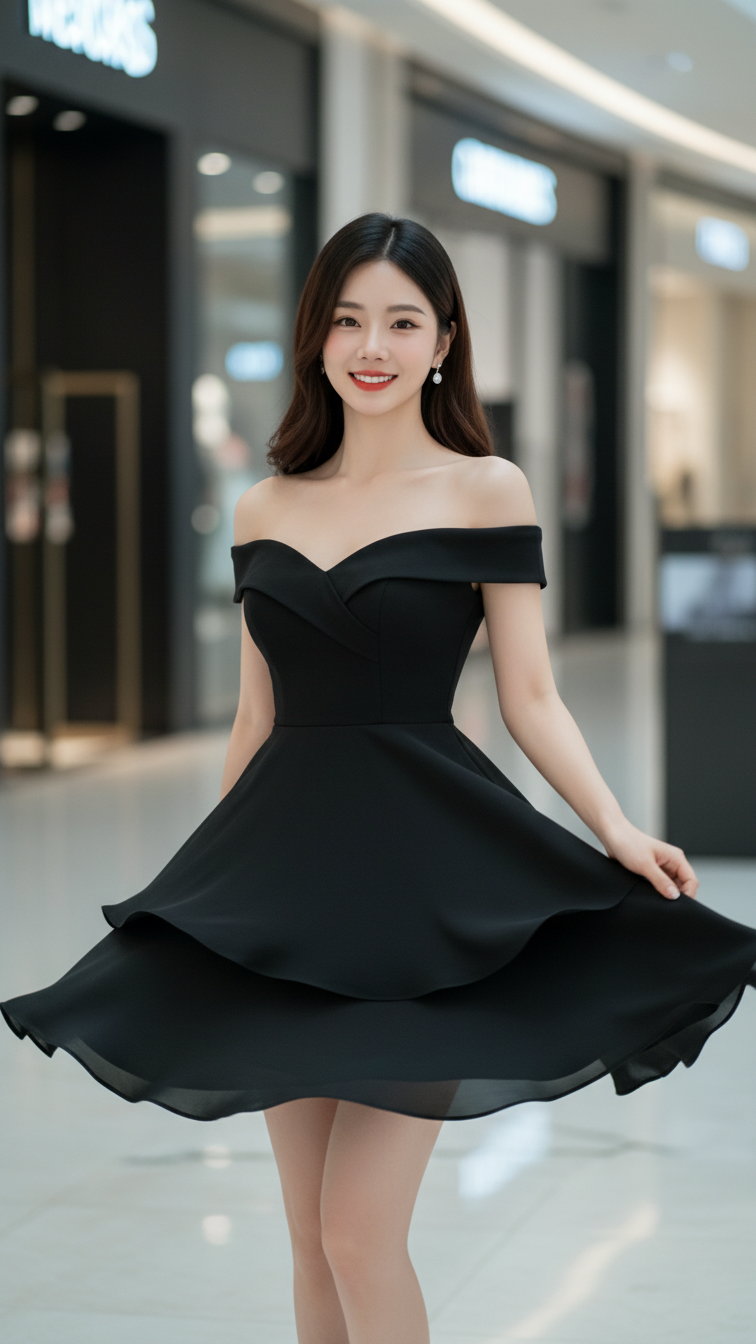 Chân dung cô gái trẻ tự tin trong trang phục thanh lịch tại trung tâm mua sắm