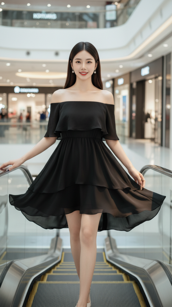 Chân dung cô gái trẻ tự tin trong trang phục thanh lịch tại trung tâm thương mại