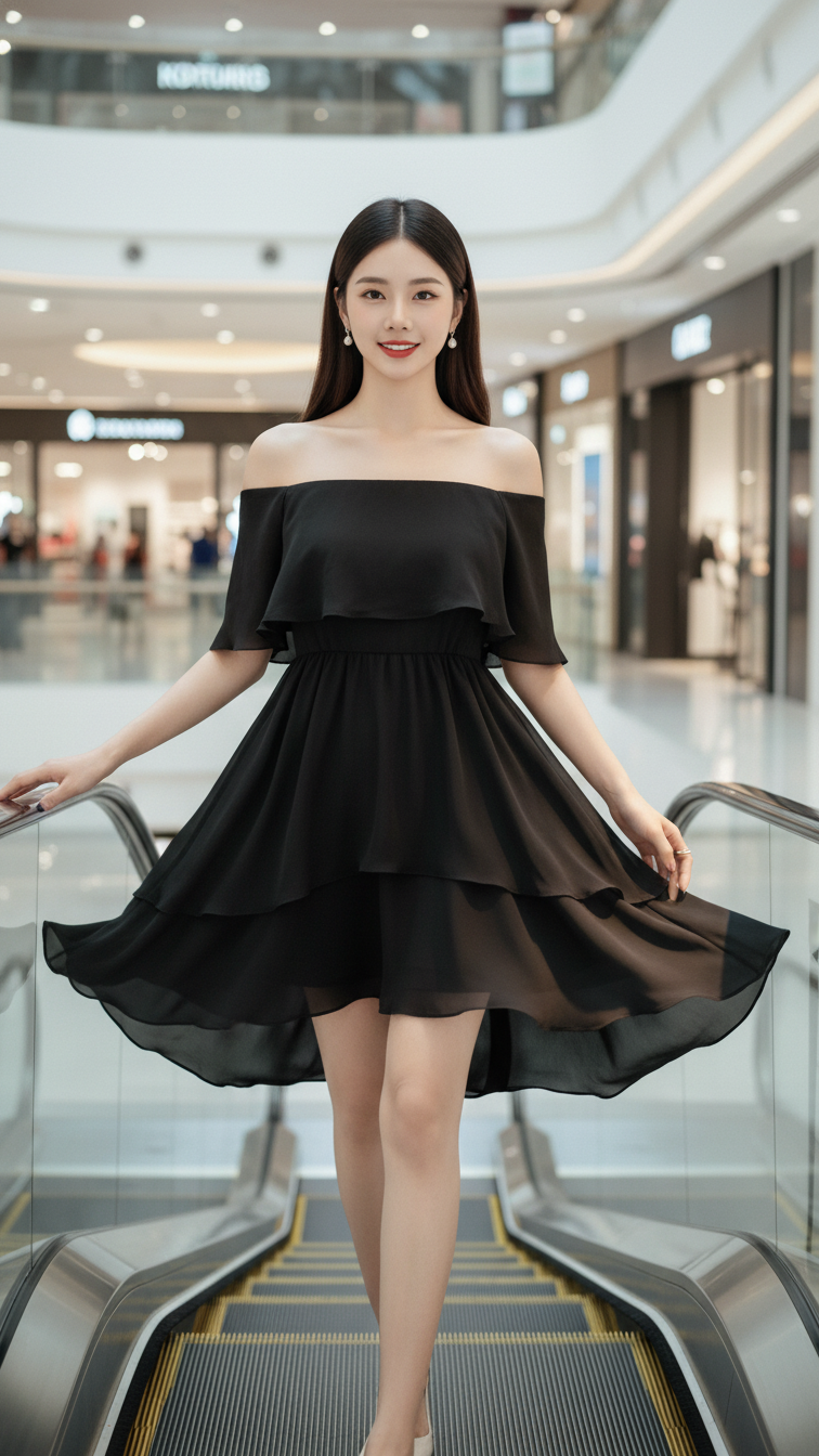 Chân dung cô gái trẻ tự tin trong trang phục thanh lịch tại trung tâm thương mại