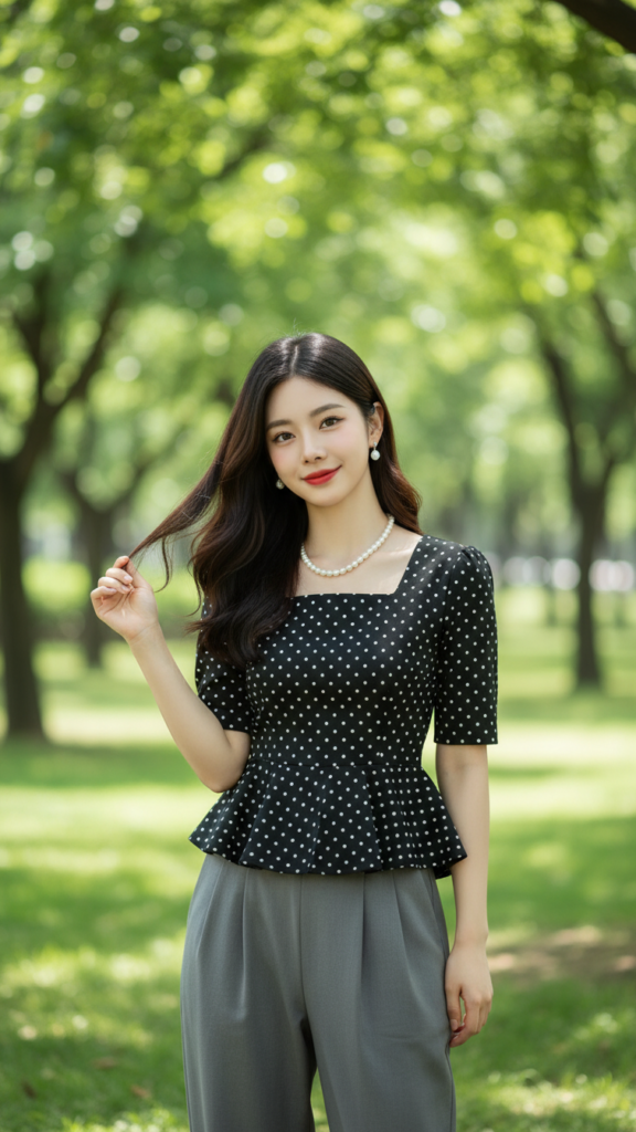 Chân dung thanh lịch của cô gái châu Á tự tin và gần gũi tại công viên xanh mát