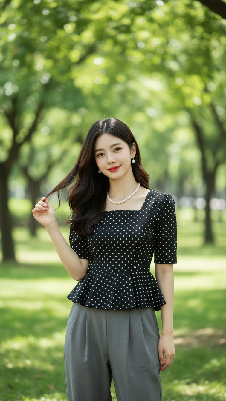 Chân dung thanh lịch của cô gái châu Á tự tin và gần gũi tại công viên xanh mát