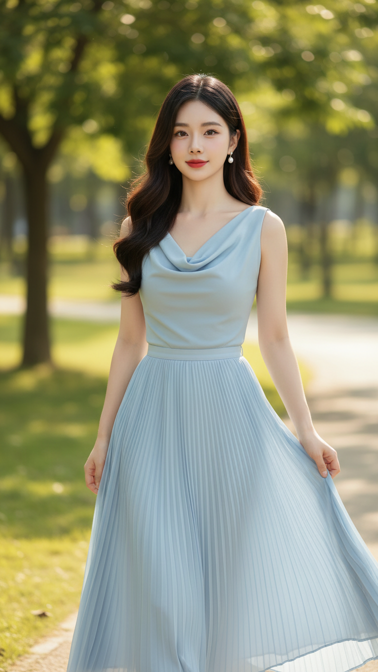 Tạo chân dung thực tế cho cô gái trẻ với phong cách thời trang thanh lịch và tự nhiên