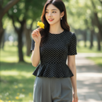 Chân dung thực tế của cô gái trẻ đầy thanh lịch và tự tin trong công viên xanh tươi