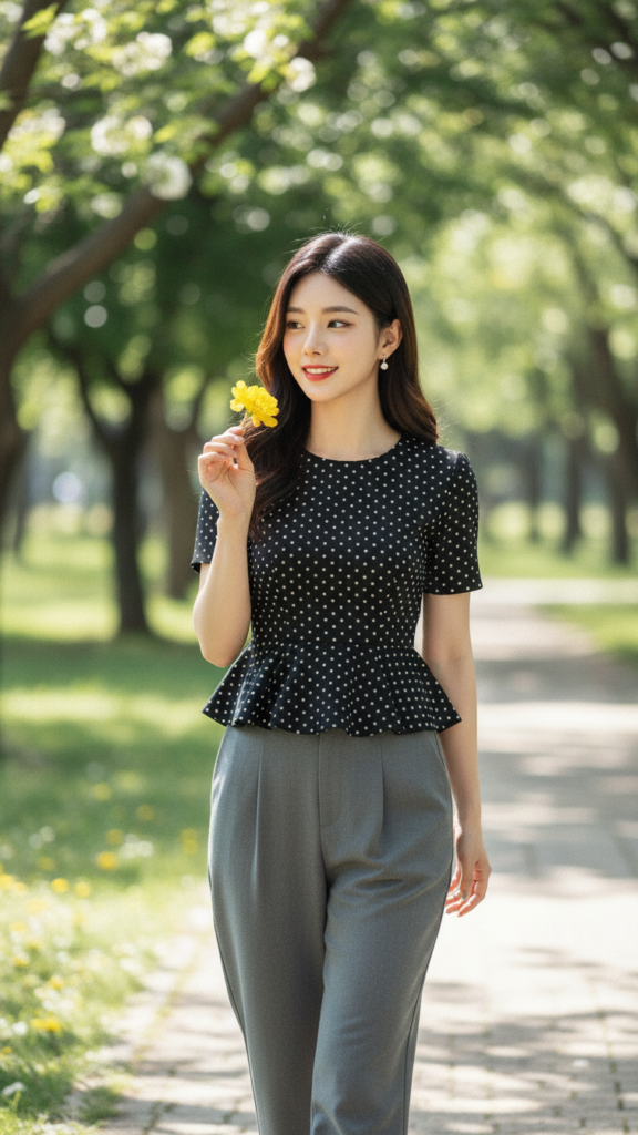 Chân dung thực tế của cô gái trẻ đầy thanh lịch và tự tin trong công viên xanh tươi