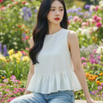 Chân dung thanh lịch của cô gái trẻ giữa khu vườn đầy hoa sắc màu