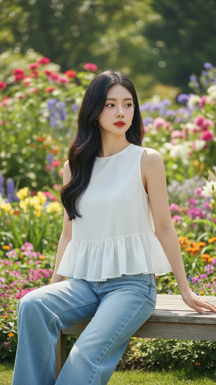 Chân dung thanh lịch của cô gái trẻ giữa khu vườn đầy hoa sắc màu