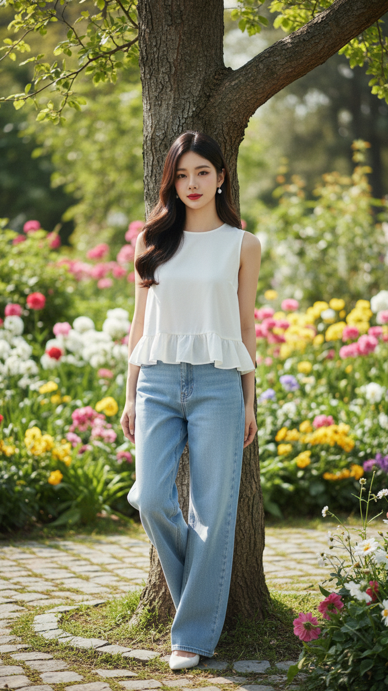 Chân dung người mẫu nữ trẻ đẹp giữa khu vườn thanh bình và tươi sáng