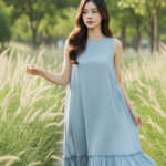 Chân dung thanh lịch của cô gái trẻ trong bộ váy xanh ở công viên xanh mát