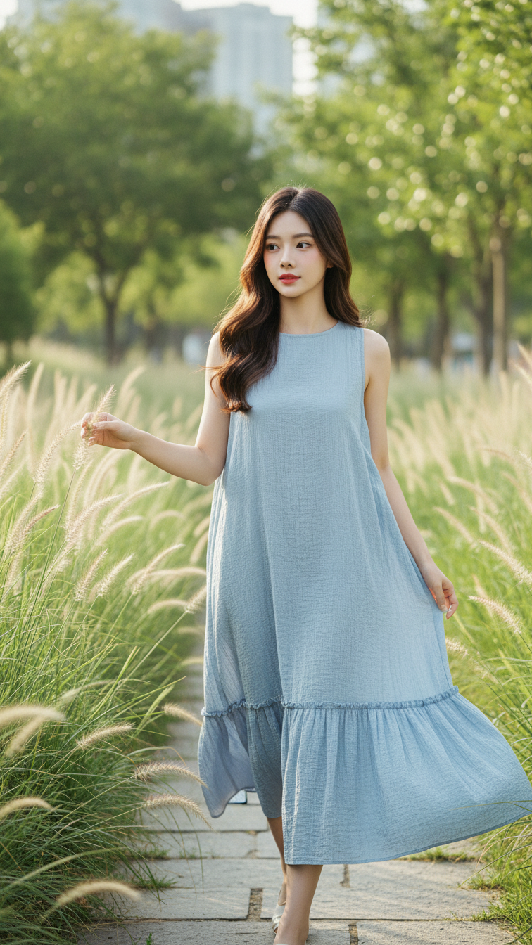 Chân dung thanh lịch của cô gái trẻ trong bộ váy xanh ở công viên xanh mát