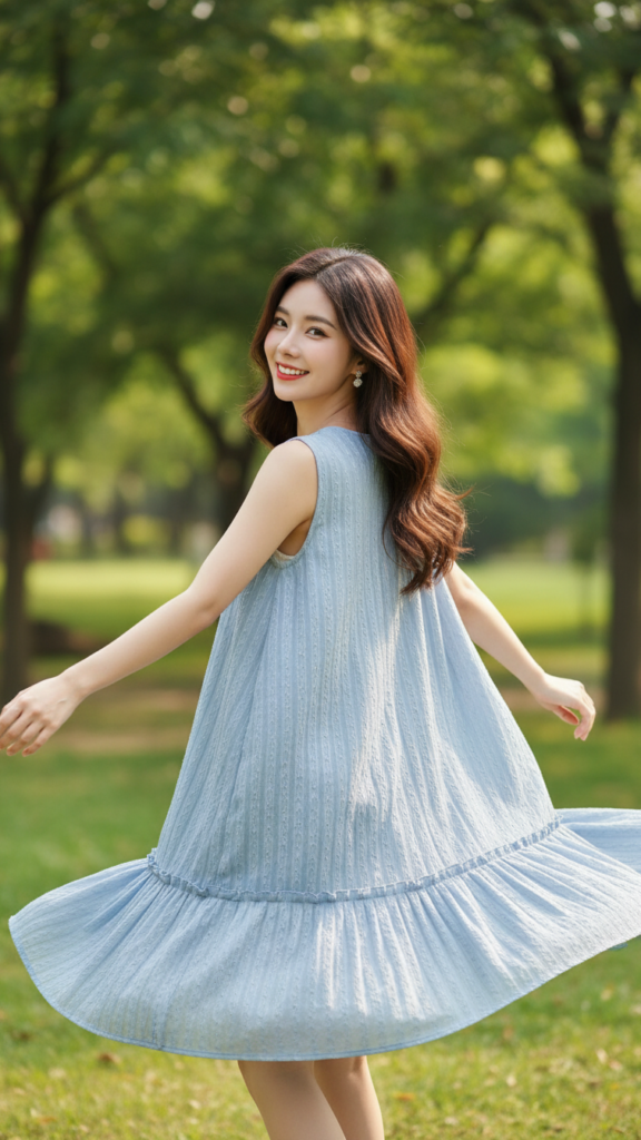 Chân dung cô gái trẻ tự tin trong váy xanh nhẹ giữa công viên xanh tươi