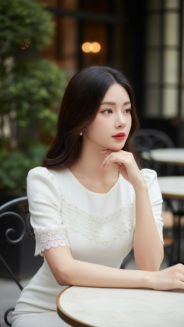 Chân dung thanh lịch của cô gái trẻ trong không gian quán cà phê sang trọng