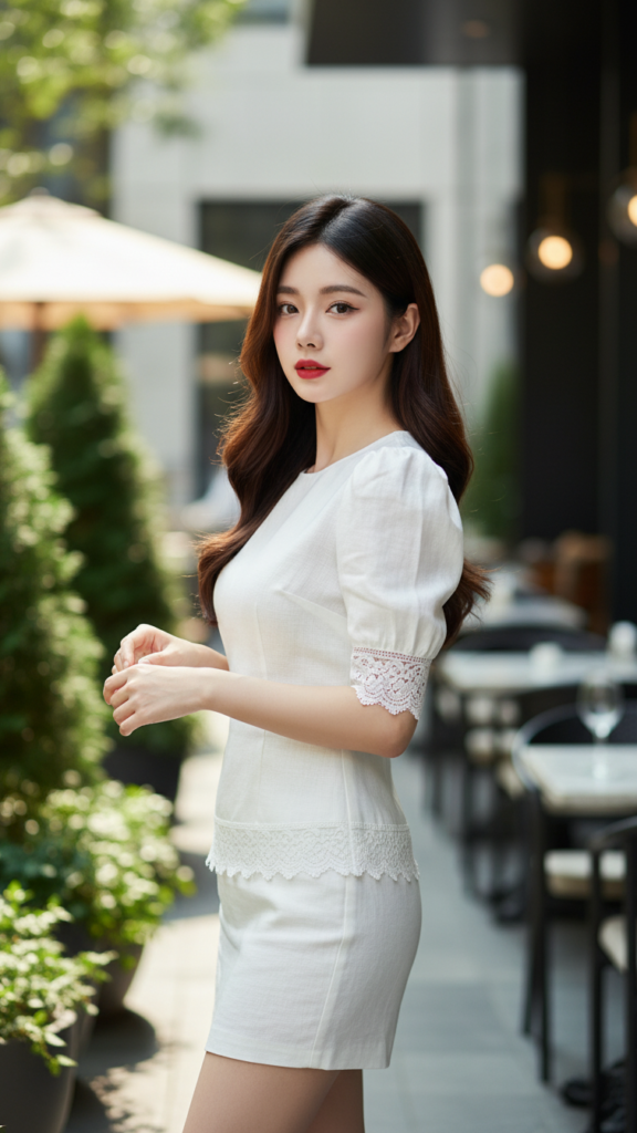 Chân dung thanh lịch của cô gái trẻ tại quán cafe sang trọng ngoài trời