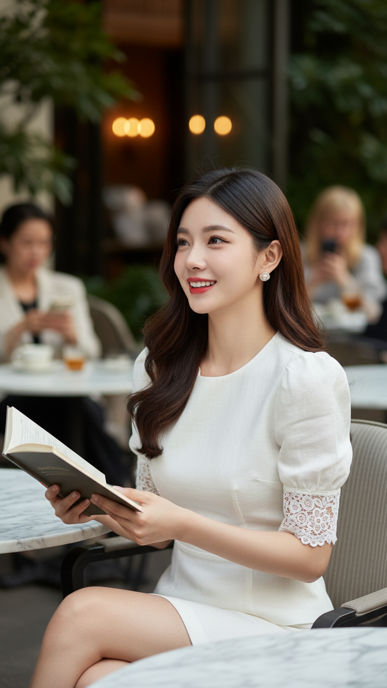 Chân dung thanh lịch của cô gái trẻ tại quán café ngoài trời sang trọng