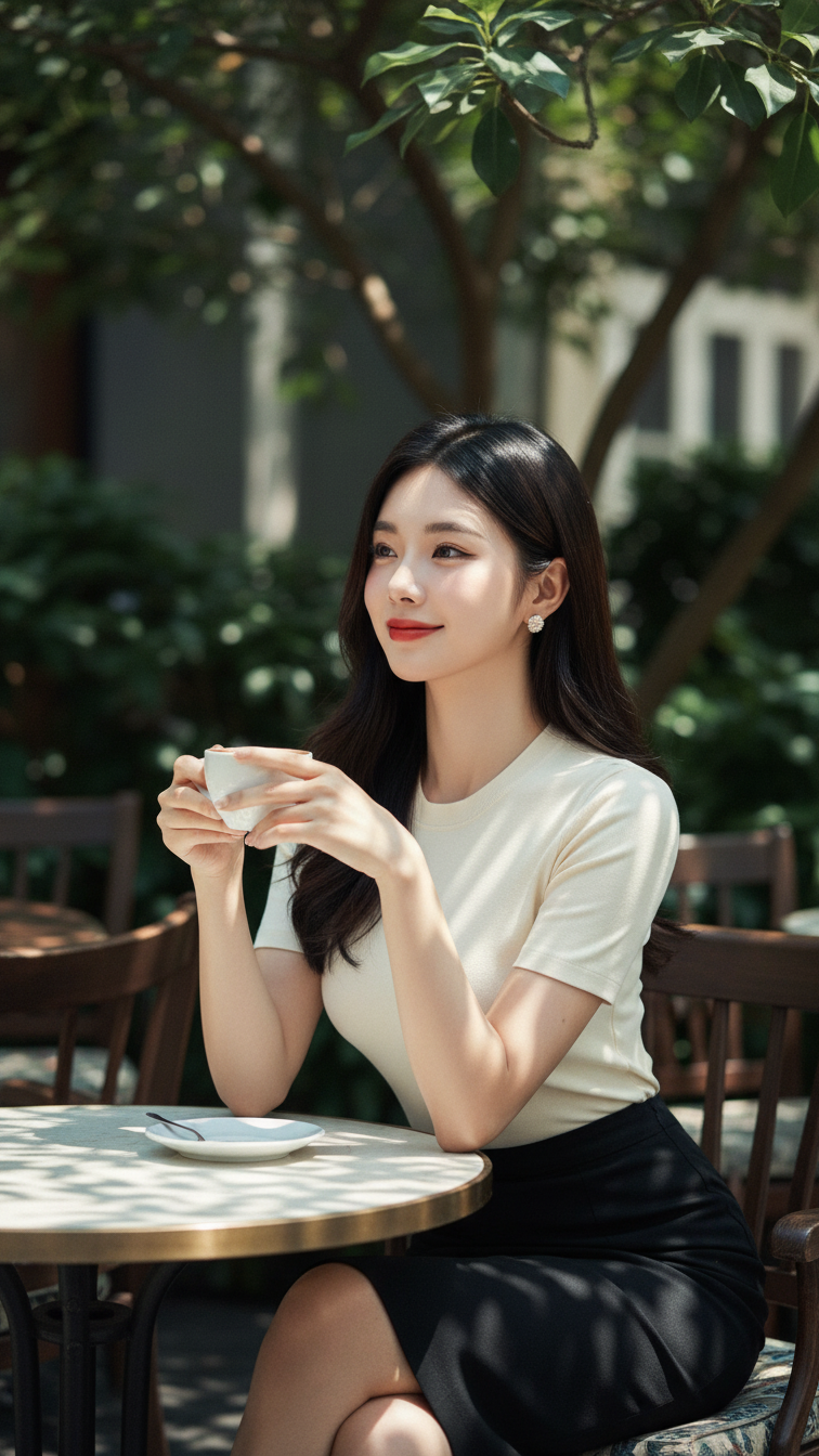 Chân dung thanh lịch của cô gái trẻ giữa không gian quán cà phê sang trọng