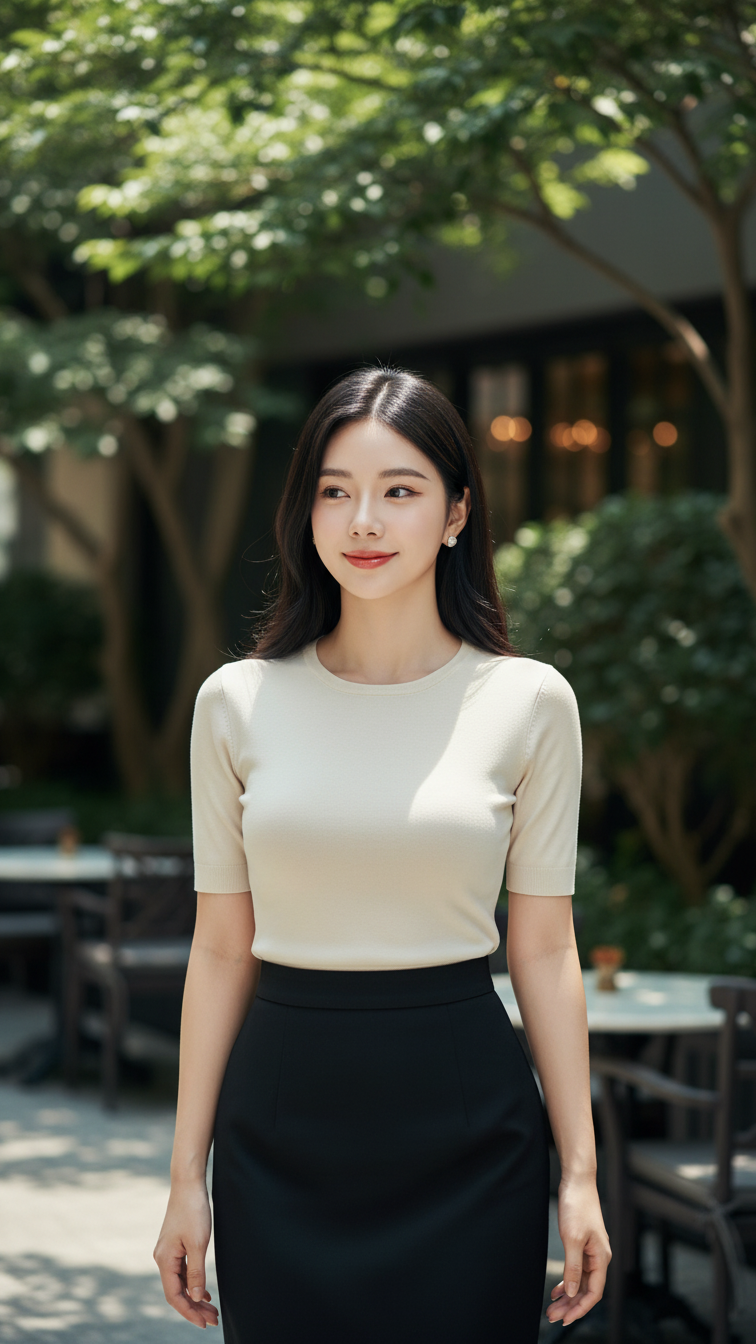 Chân dung cô gái trẻ đầy tự tin giữa không gian sang trọng tại quán cà phê ngoài trời