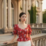 Bức chân dung thanh lịch của cô gái trẻ trước biệt thự sang trọng