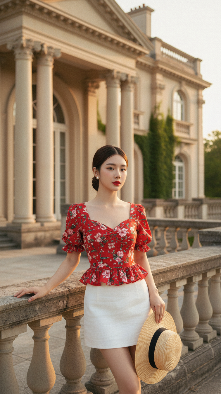 Bức chân dung thanh lịch của cô gái trẻ trước biệt thự sang trọng