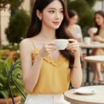 Chân dung nữ thanh lịch giữa không gian quán cà phê sang trọng và thư giãn