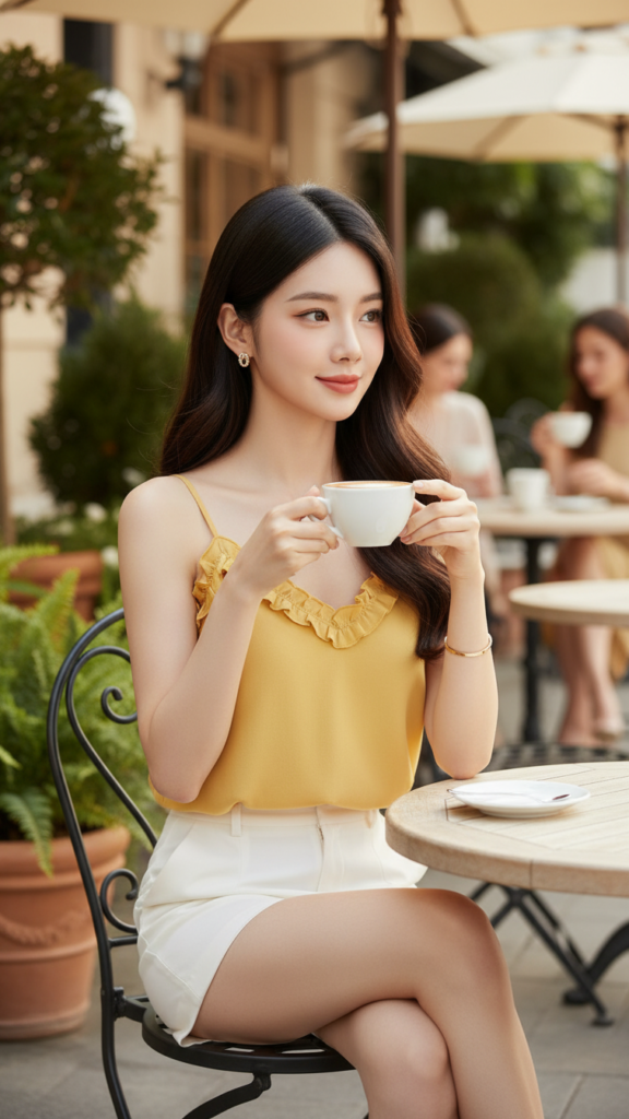 Chân dung nữ thanh lịch giữa không gian quán cà phê sang trọng và thư giãn