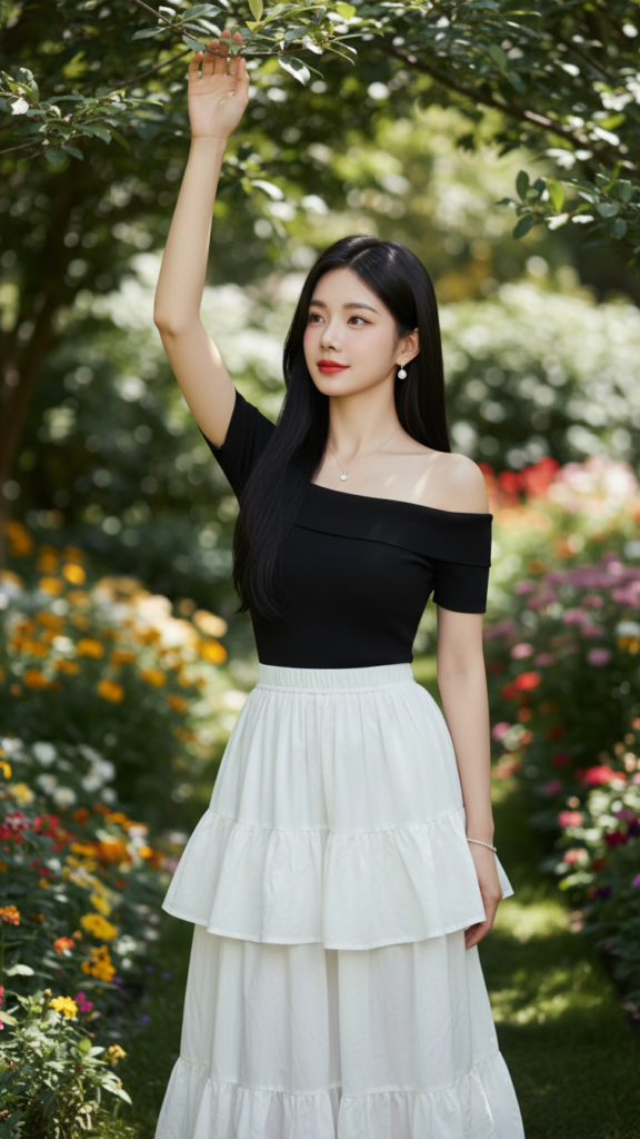 Chân dung thanh lịch của cô gái châu Á trong khu vườn tươi mát và ánh sáng tự nhiên