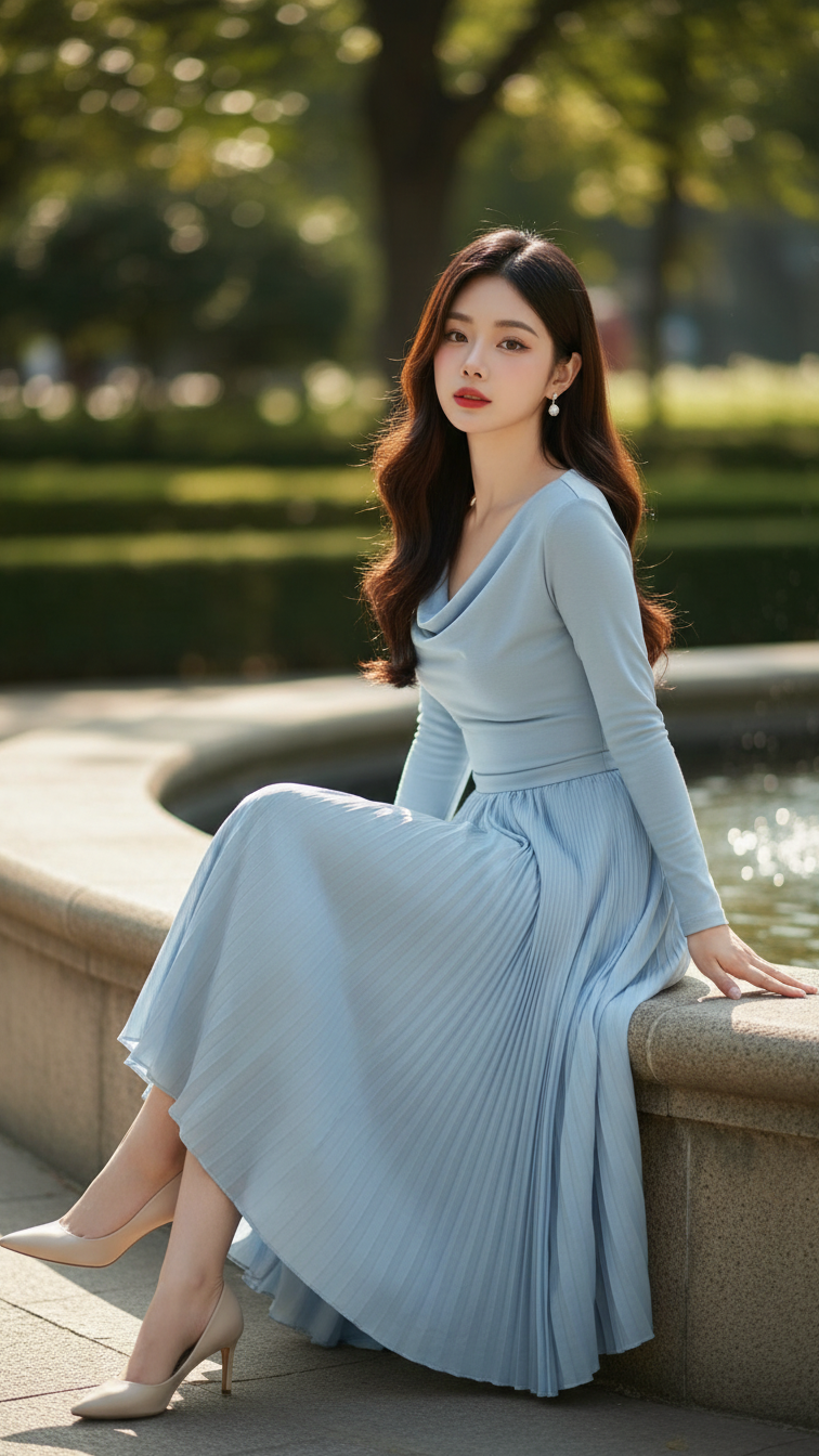 Chân dung thực tế của cô gái trẻ với phong cách thời trang thanh lịch trong công viên