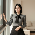 Chân dung thanh lịch của cô gái trẻ trong không gian hiện đại và tối giản