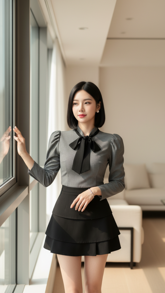 Chân dung thanh lịch của cô gái trẻ trong không gian hiện đại và tối giản