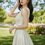 Chân dung thanh lịch của cô gái trẻ trong công viên xanh mát mùa hè