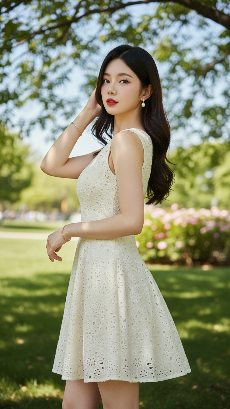 Chân dung thanh lịch của cô gái trẻ trong công viên xanh mát mùa hè