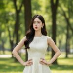 Chân dung cô gái trẻ tự tin giữa công viên xanh mát và thời trang tinh tế.