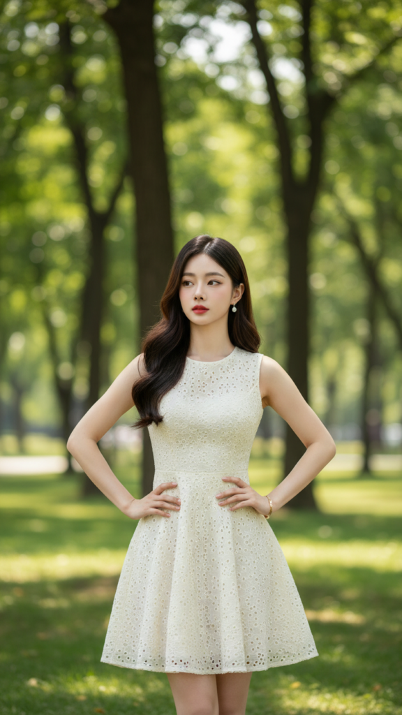 Chân dung cô gái trẻ tự tin giữa công viên xanh mát và thời trang tinh tế.