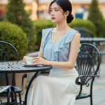 Chân dung thanh lịch của cô gái trẻ trong không gian quán cà phê sang trọng