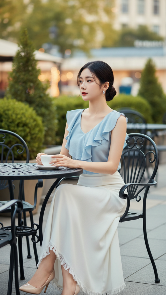 Chân dung thanh lịch của cô gái trẻ trong không gian quán cà phê sang trọng