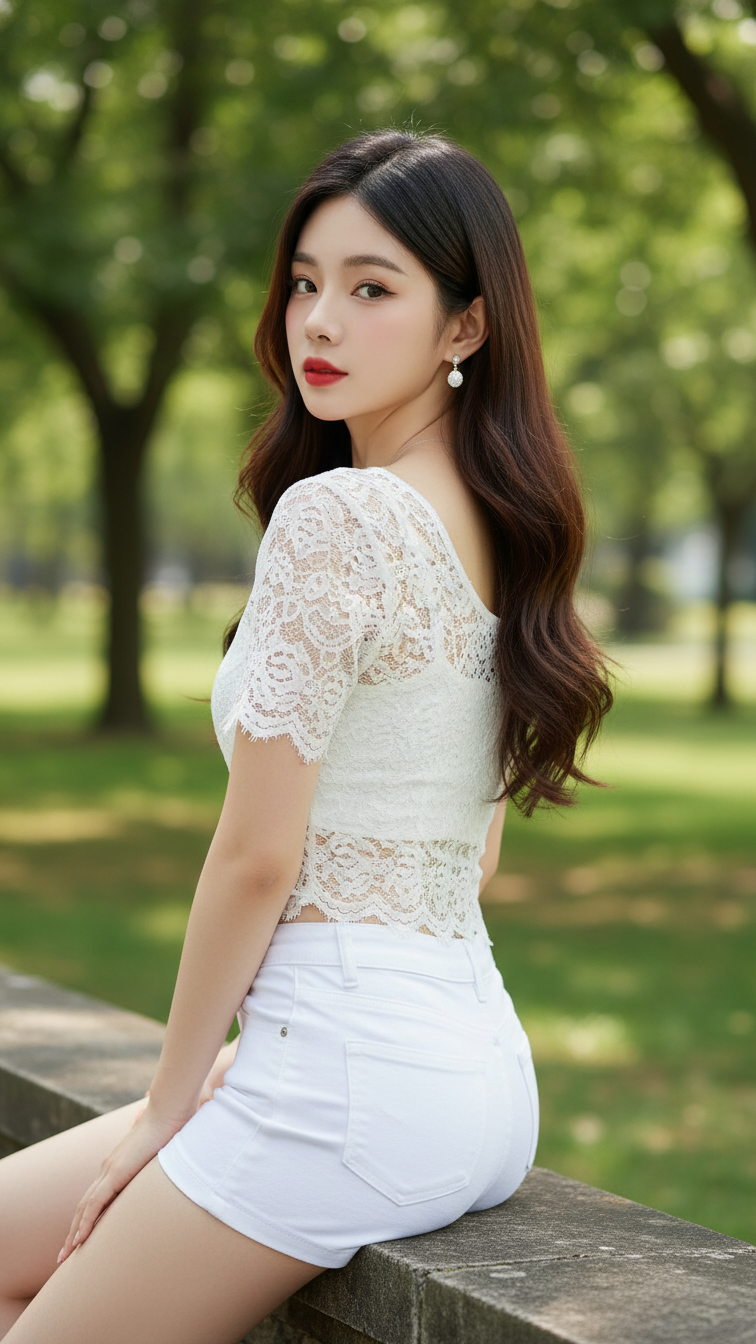 Chân dung thực tế của cô gái trẻ thanh lịch trong công viên đẹp như mơ