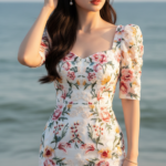 Chân dung thư giãn bên biển của cô gái trẻ hiện đại và thanh lịch