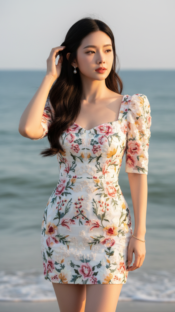 Chân dung thư giãn bên biển của cô gái trẻ hiện đại và thanh lịch