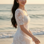 Chân dung cô gái trẻ tự tin bên bờ biển với vẻ đẹp thanh lịch và trang phục nổi bật