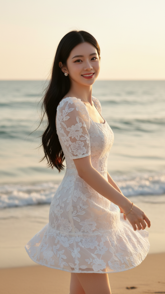 Chân dung cô gái trẻ tự tin bên bờ biển với vẻ đẹp thanh lịch và trang phục nổi bật