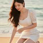 Chân dung thanh lịch của cô gái trẻ bên bờ biển trong buổi hoàng hôn tuyệt đẹp