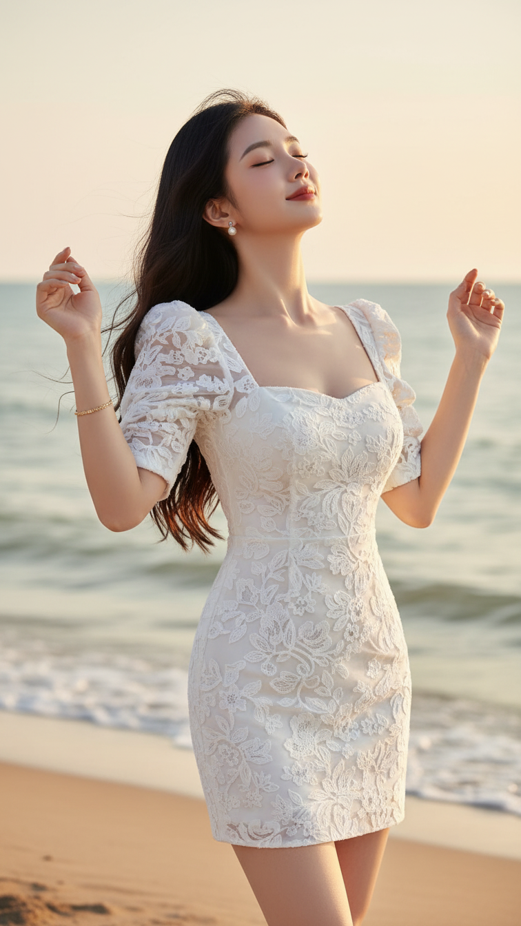 Chân dung cô gái Á Đông thanh lịch bên biển đẹp tựa mơ mộng