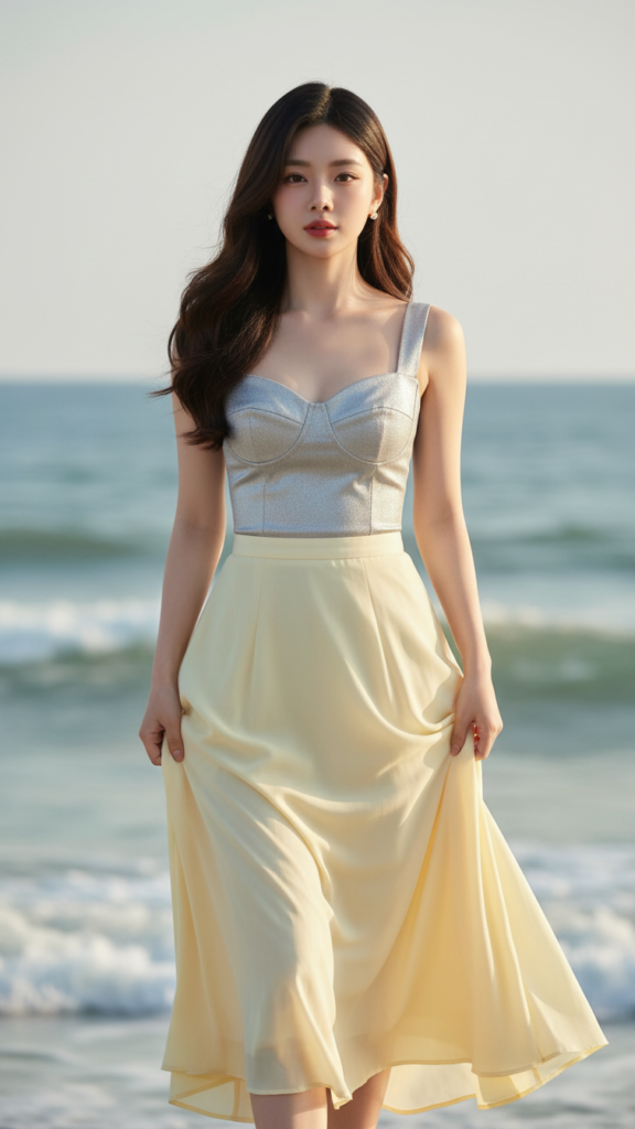 Chân dung nữ sinh tự tin với phong cách hiện đại và nền biển tuyệt đẹp