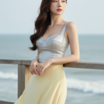 Chân dung thời trang của cô gái trẻ tự tin bên biển xanh dịu dàng